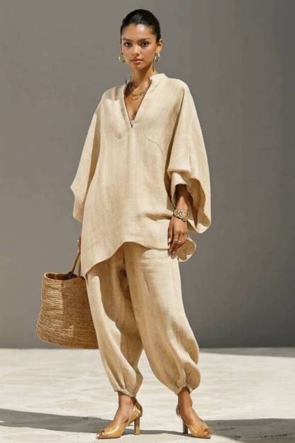 Vertical Collar Loose Shirt And Pants Set