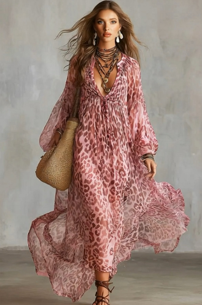 Leopard-Printed Puff-Sleeve Maxi Dress