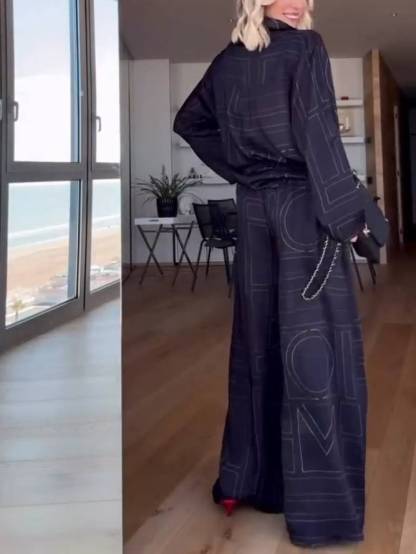 Geometric Letter Print Shirt Wide Leg Suit-Shirt