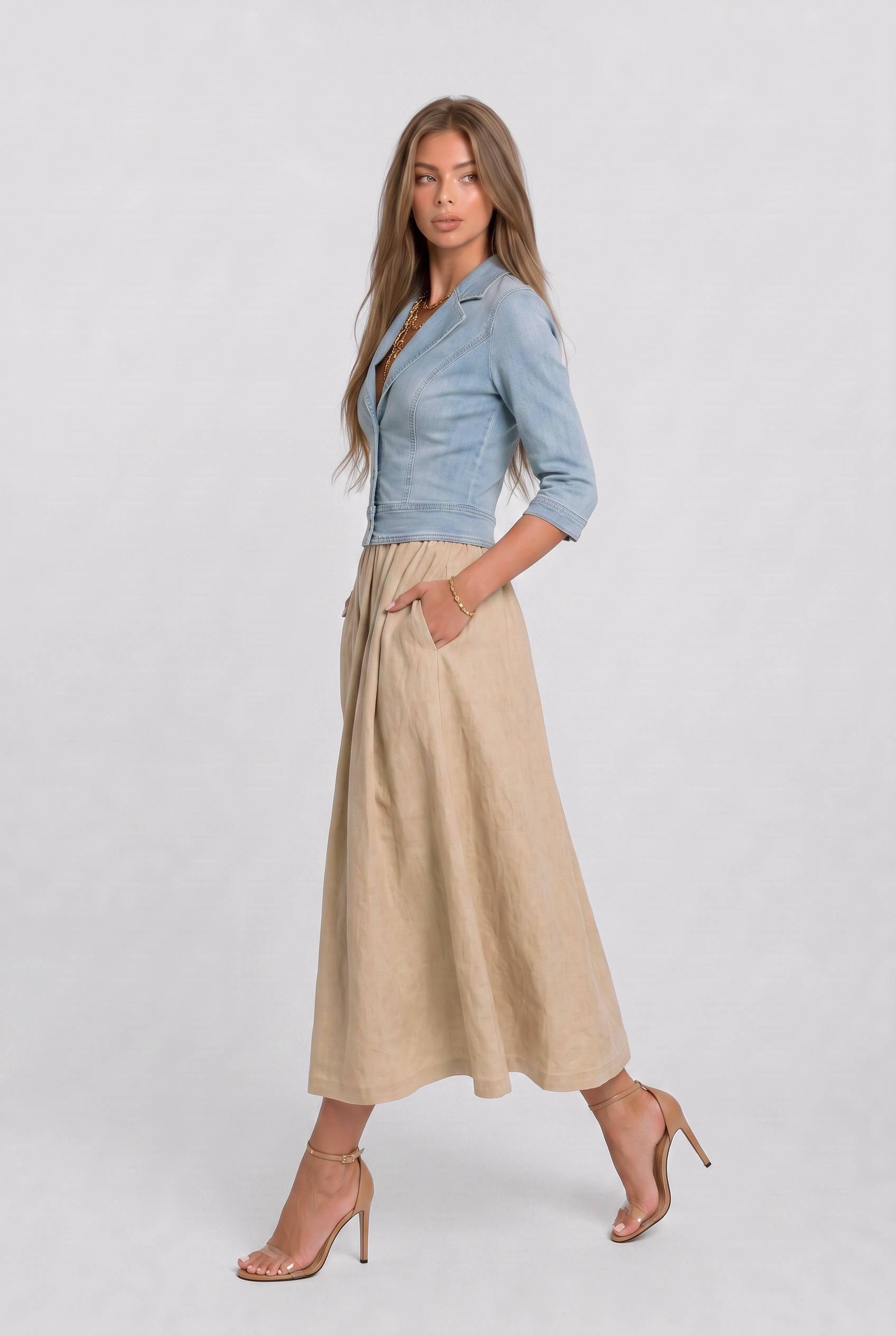 Vintage Denim Top And Linen Skirt Set