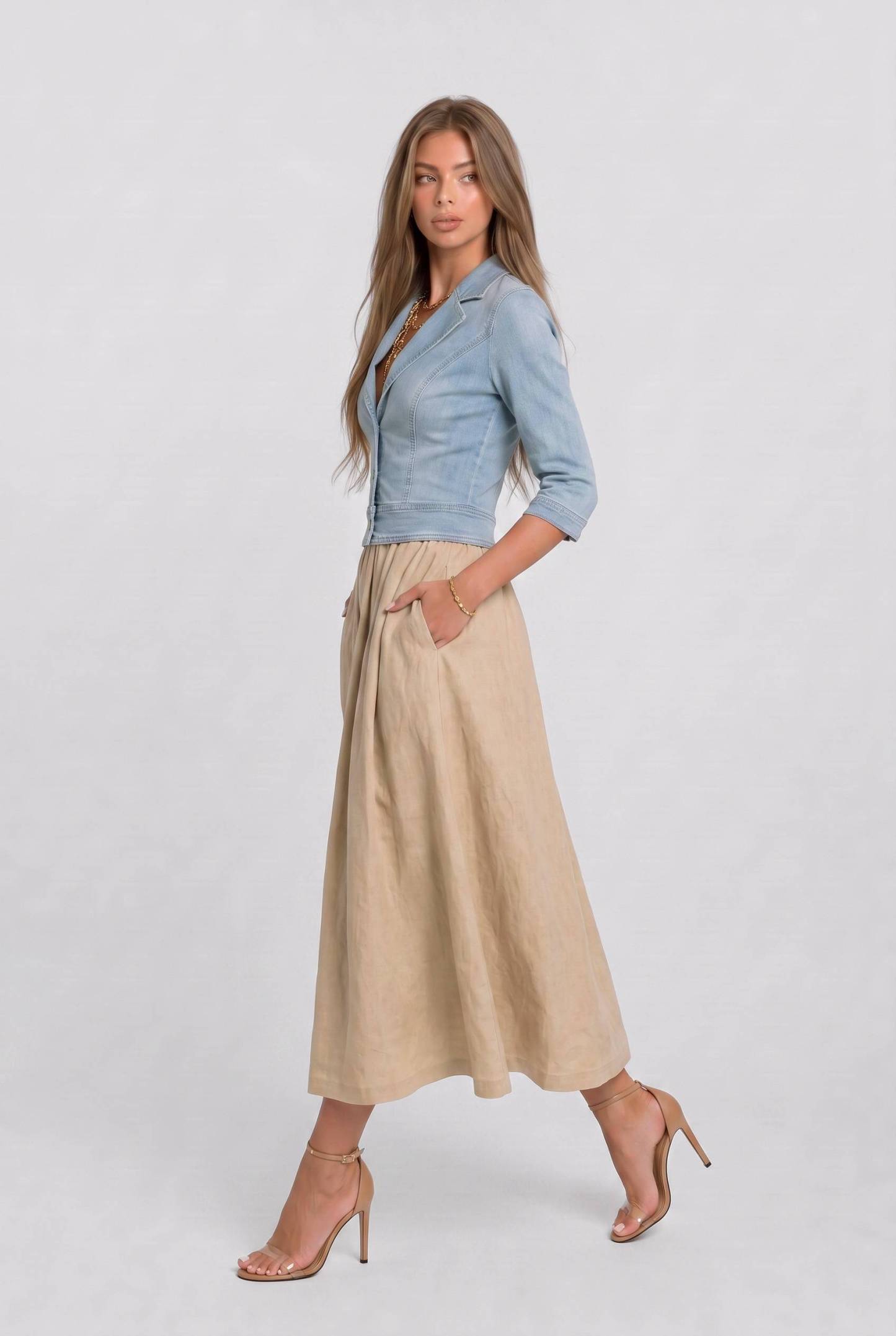 Vintage Denim Top And Linen Skirt Set