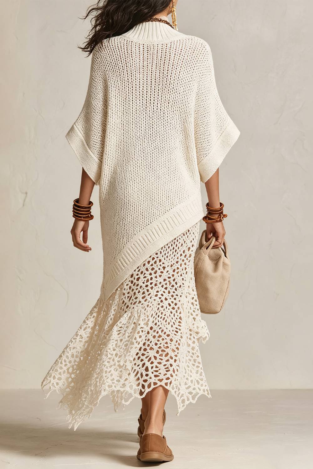 Midi-Neck Bat-Sleeve Knitted Crochet Cutout Dress