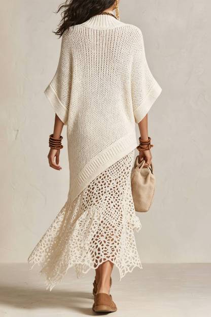 Midi-Neck Bat-Sleeve Knitted Crochet Cutout Dress