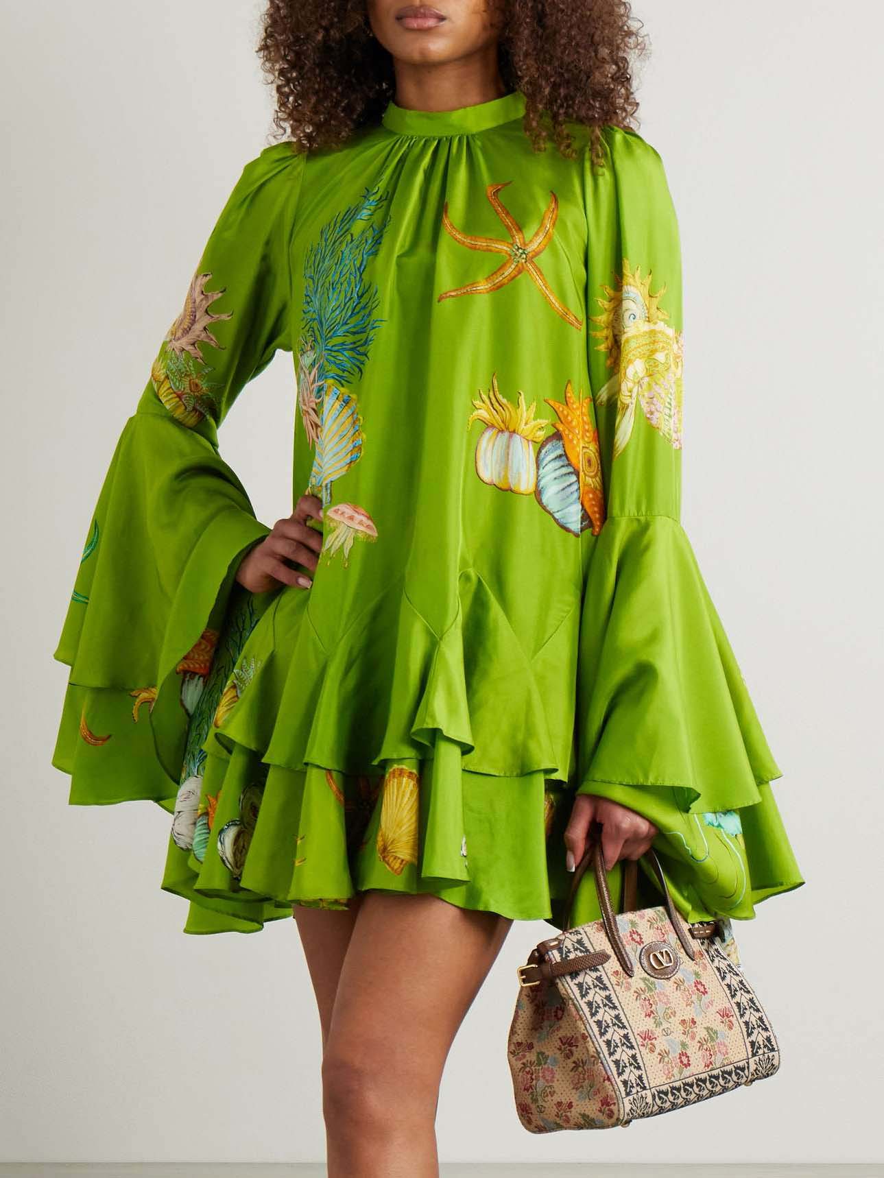 Classic Modern Satin Ocean Print Bell Sleeve Mini Dress