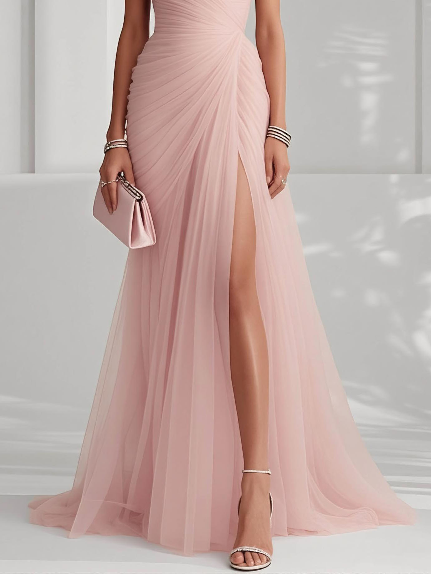 Elegant Pink Strapless Pleated Tulle Maxi Dress