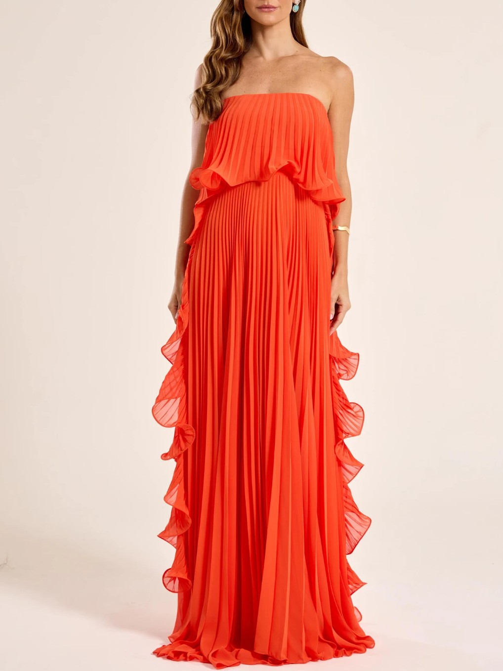 Vestido Maxi de Chifón con Pliegues y Volantes sin Tirantes Elegante