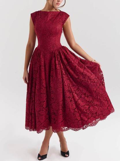 Elegant Lace Backless Waist Midi Dress