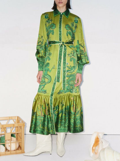 Exquisite Graphic Print Single-breasted Midi Dress