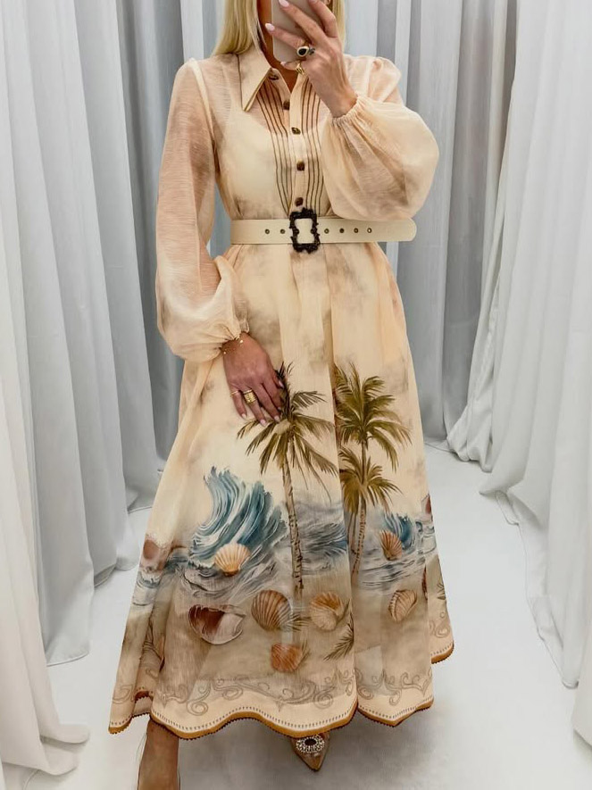 Exquisite Ocean Shell Print Shirt Maxi Dress