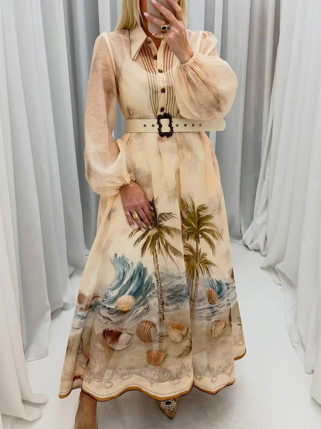 Exquisite Ocean Shell Print Shirt Maxi Dress