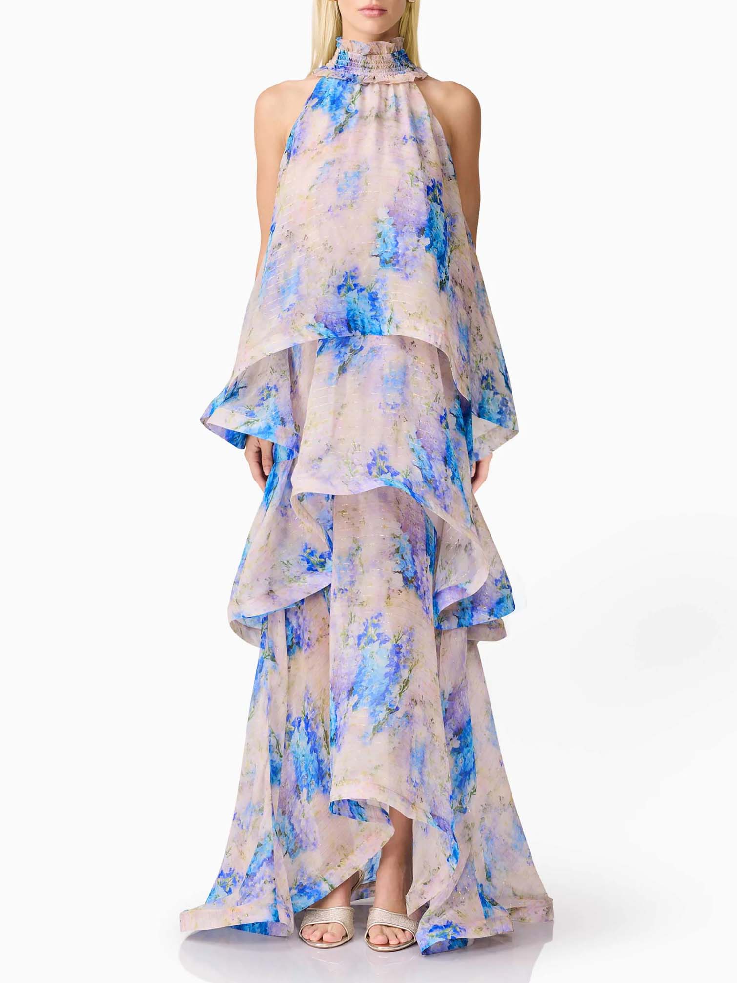 Elegant Rose Floral Halter Tiered High-Low Maxi Dress