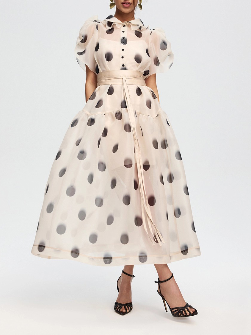 Elegant Polka Dot Organza Puff Sleeve Midi Dress