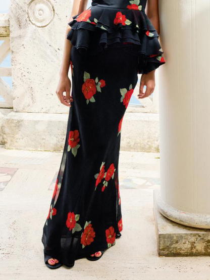Romantic Floral Print Long Skirt