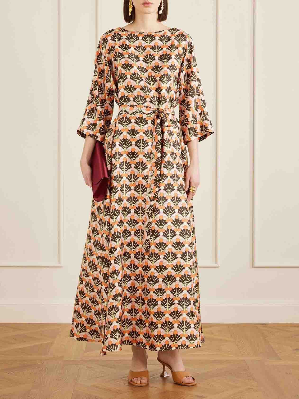 Elegant Geometric Print Belted Maxi Dress