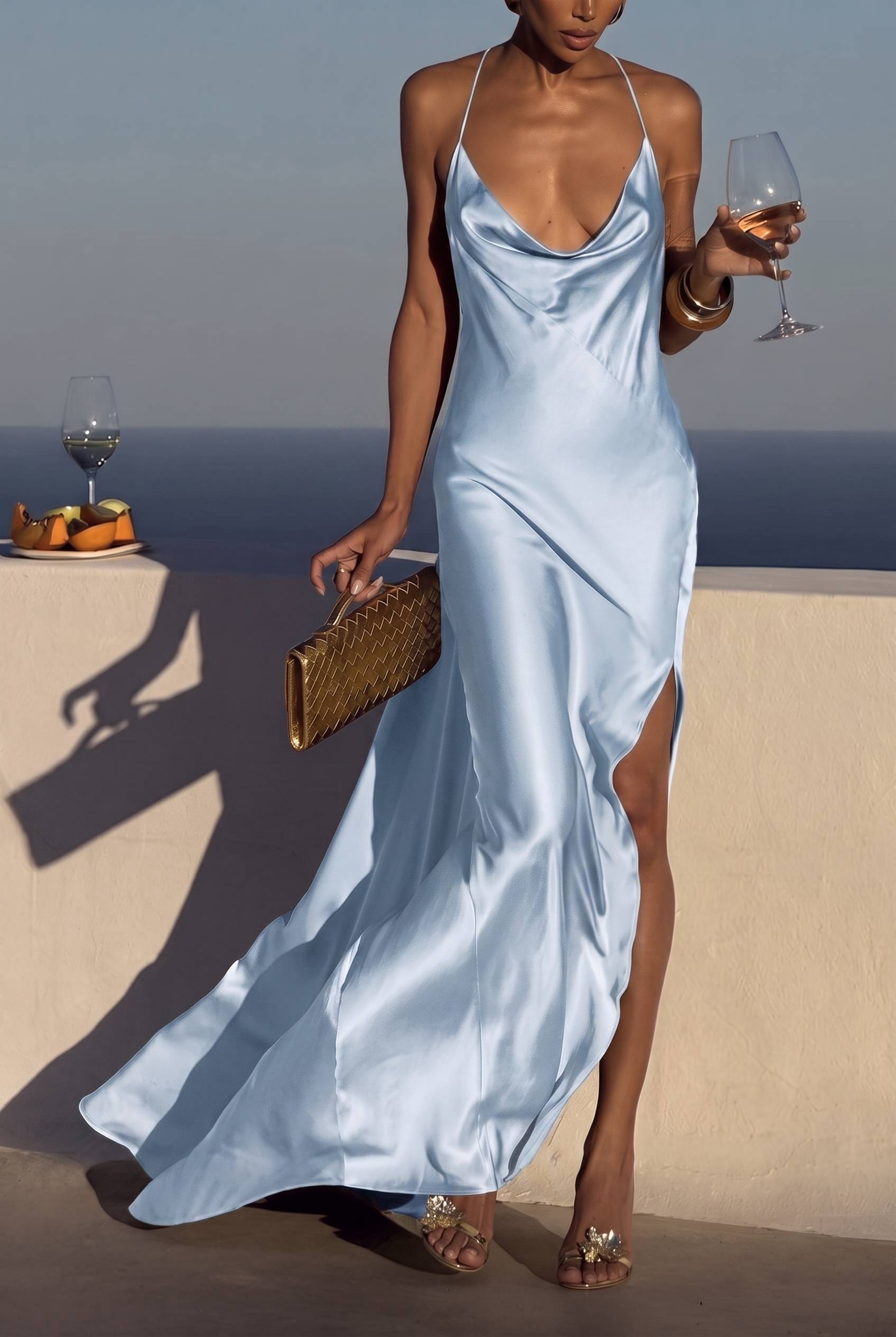 Elegant Satin Draped Backless Maxi Dress