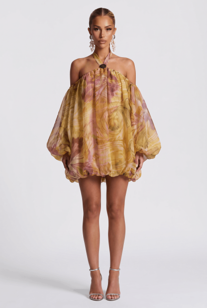 Watercolor Print Hanging Neck Off-shoulder Flower Bud Skirt See-through Bubble Long-sleeved Chiffon Holiday Dress