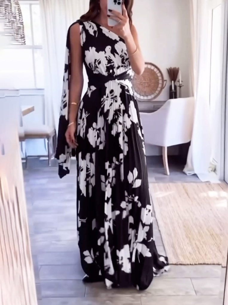 Elegant Asymmetric Collar Printed Maxi Dress