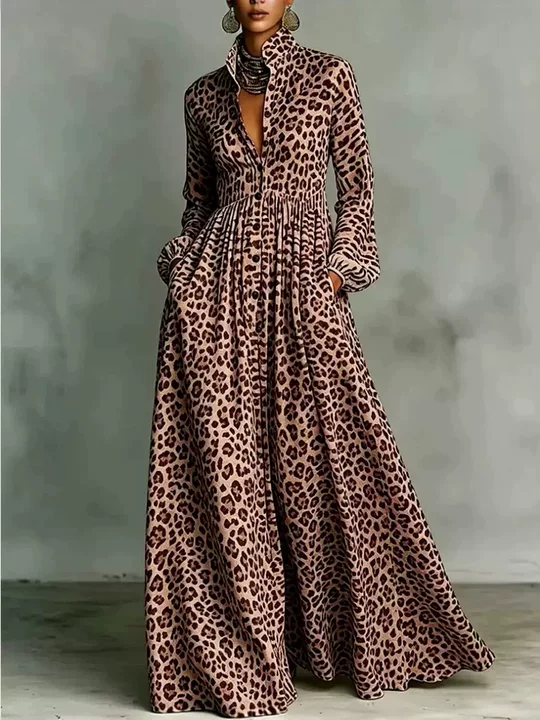 Leopard Print Stand Collar Button Down Long Sleeve Maxi Dress With Pockets