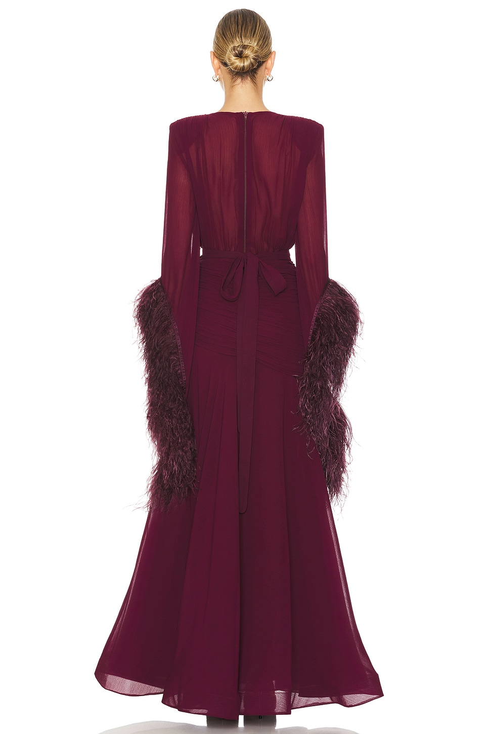 Elegant V-Neck Feather Cuff Flowing Chiffon Maxi Dress