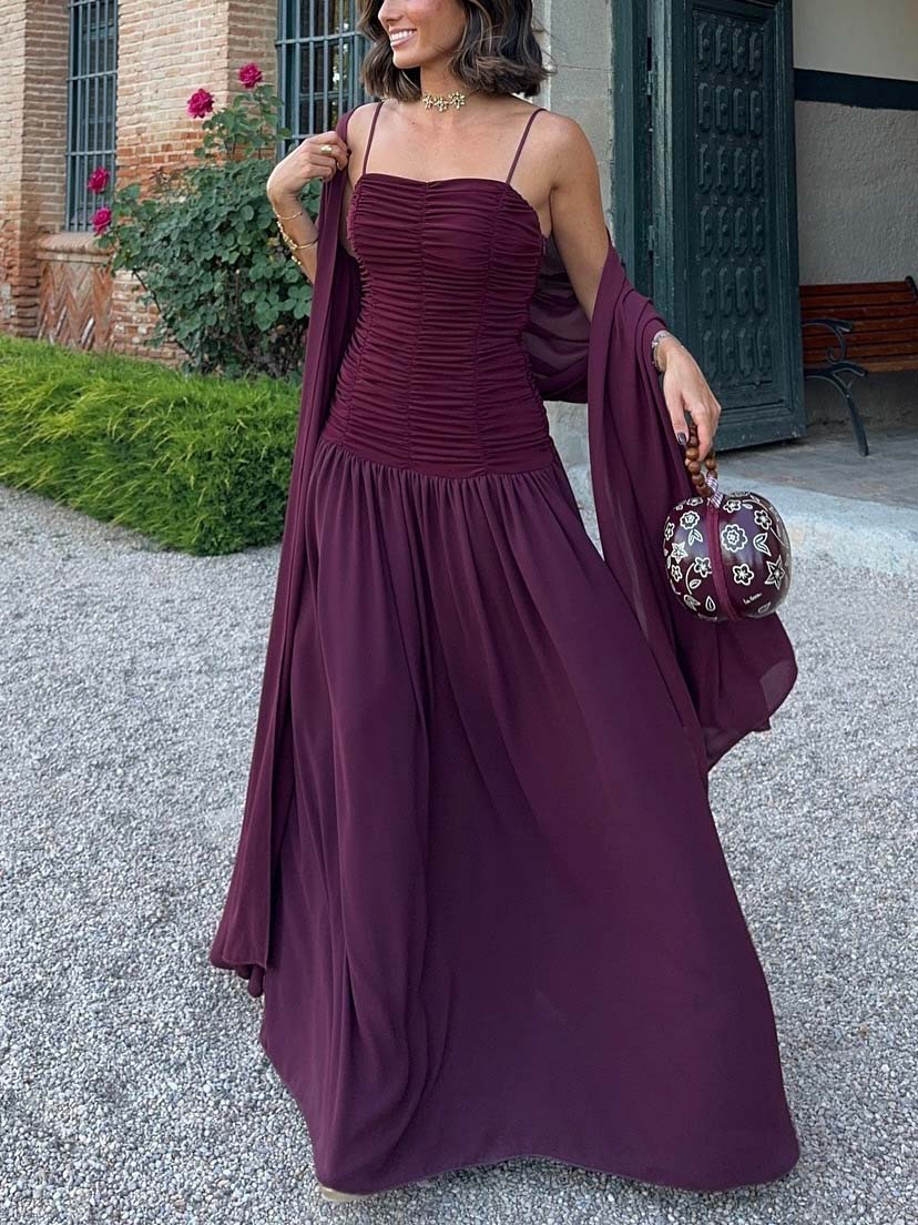 Elegant Cape Sexy Suspender Party Maxi Dress