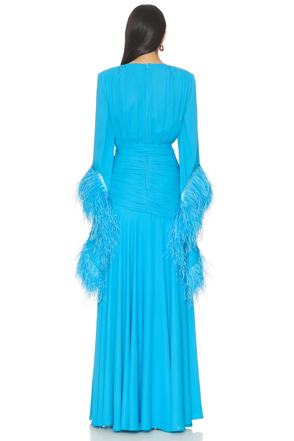 Elegant V-Neck Feather Cuff Flowing Chiffon Maxi Dress