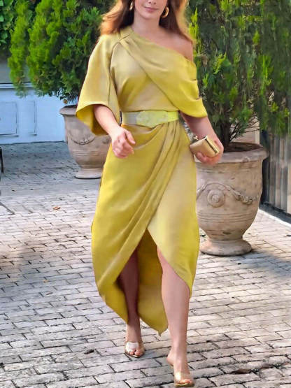 Exquisite Satin Irregular Lapel Neckline Design Ruched Maxi Dress