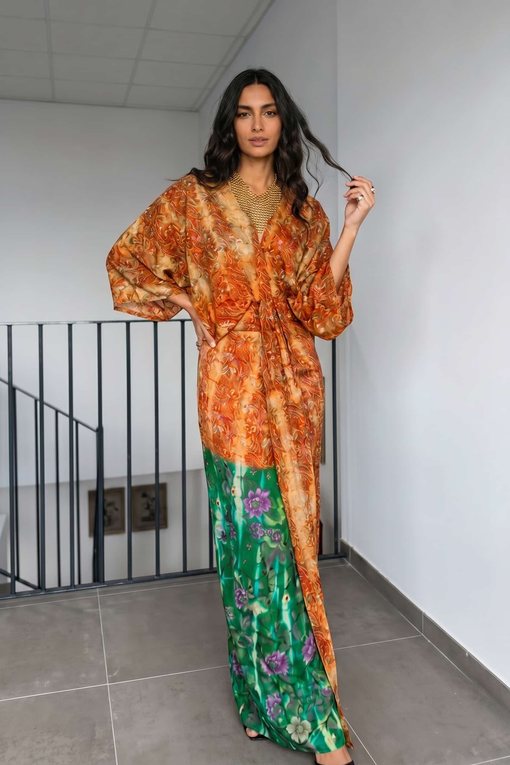 V-Neck Printed Patchwork Slit Streamer Design Maxi Dress