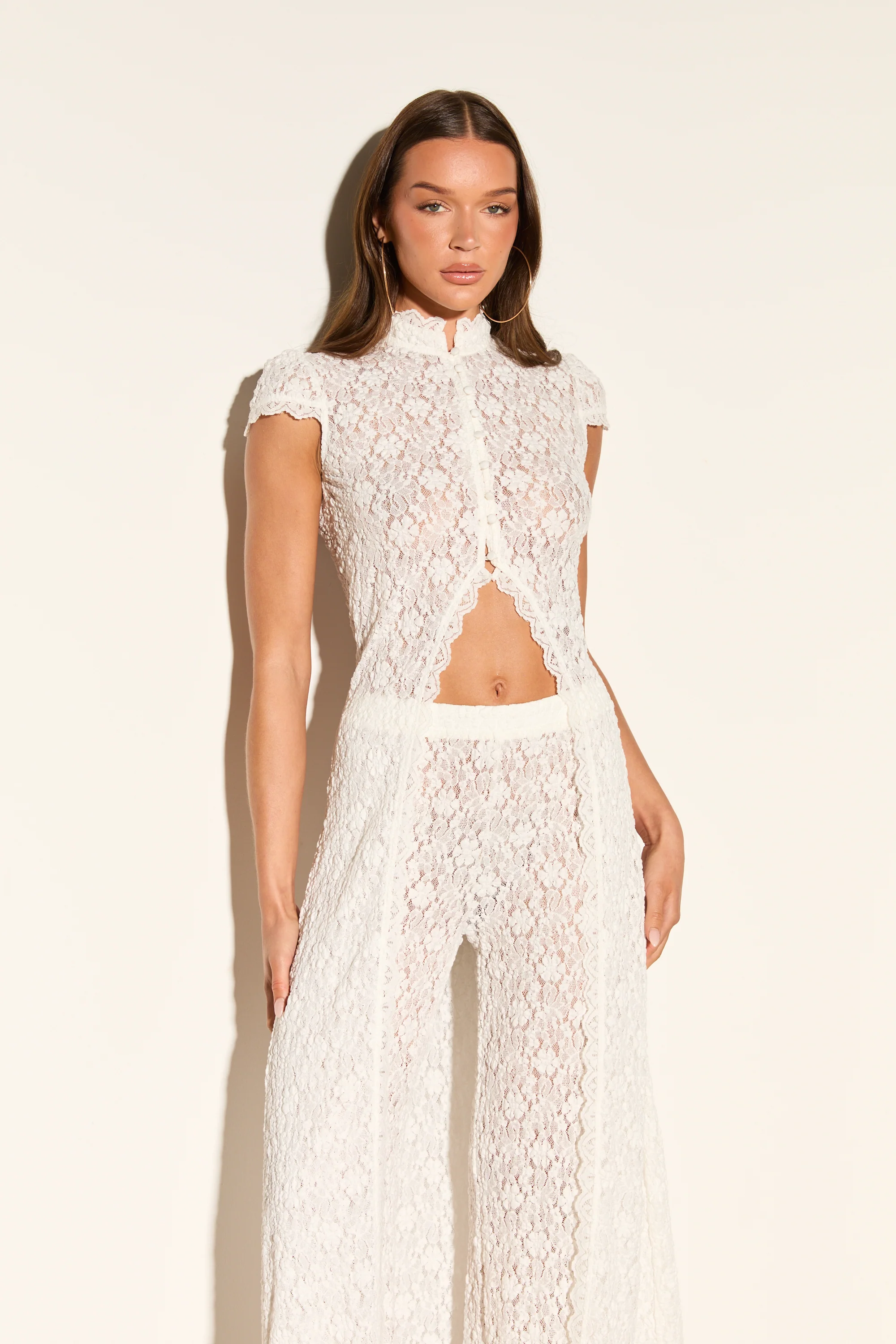 Ivory Lace Cut-Out Two-Piece Set – High-Neck Cap Sleeve Top