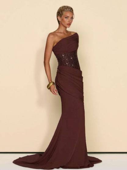 Sequin Splicing Off-Shoulder Pleated Maxi Dress