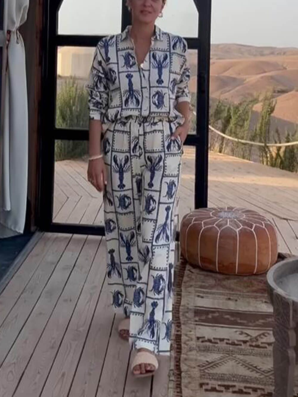 Unique Fun Lobster Pattern Printed Elastic Wide-Leg Pants