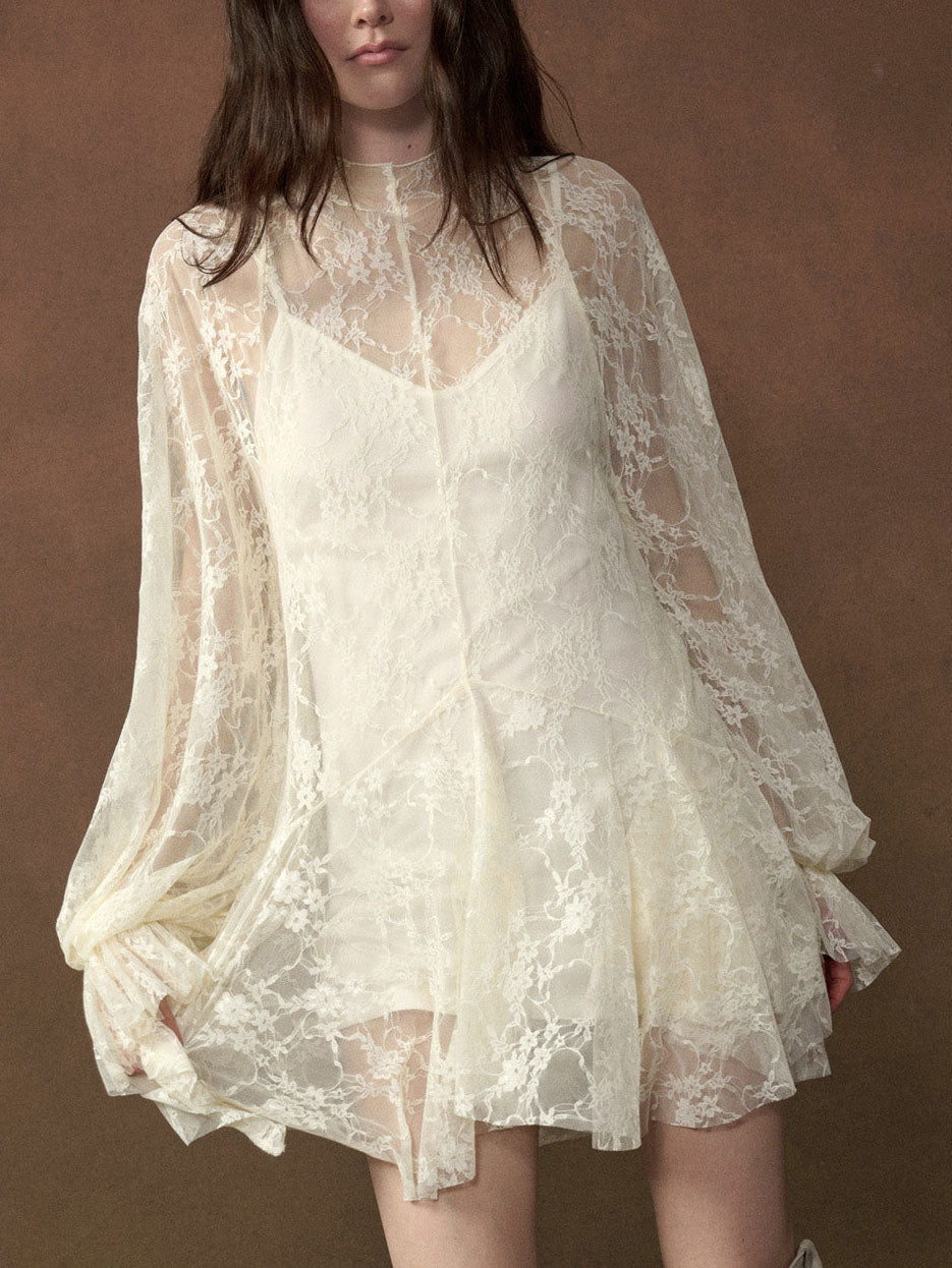 Floral Lace Laminated Short Dress