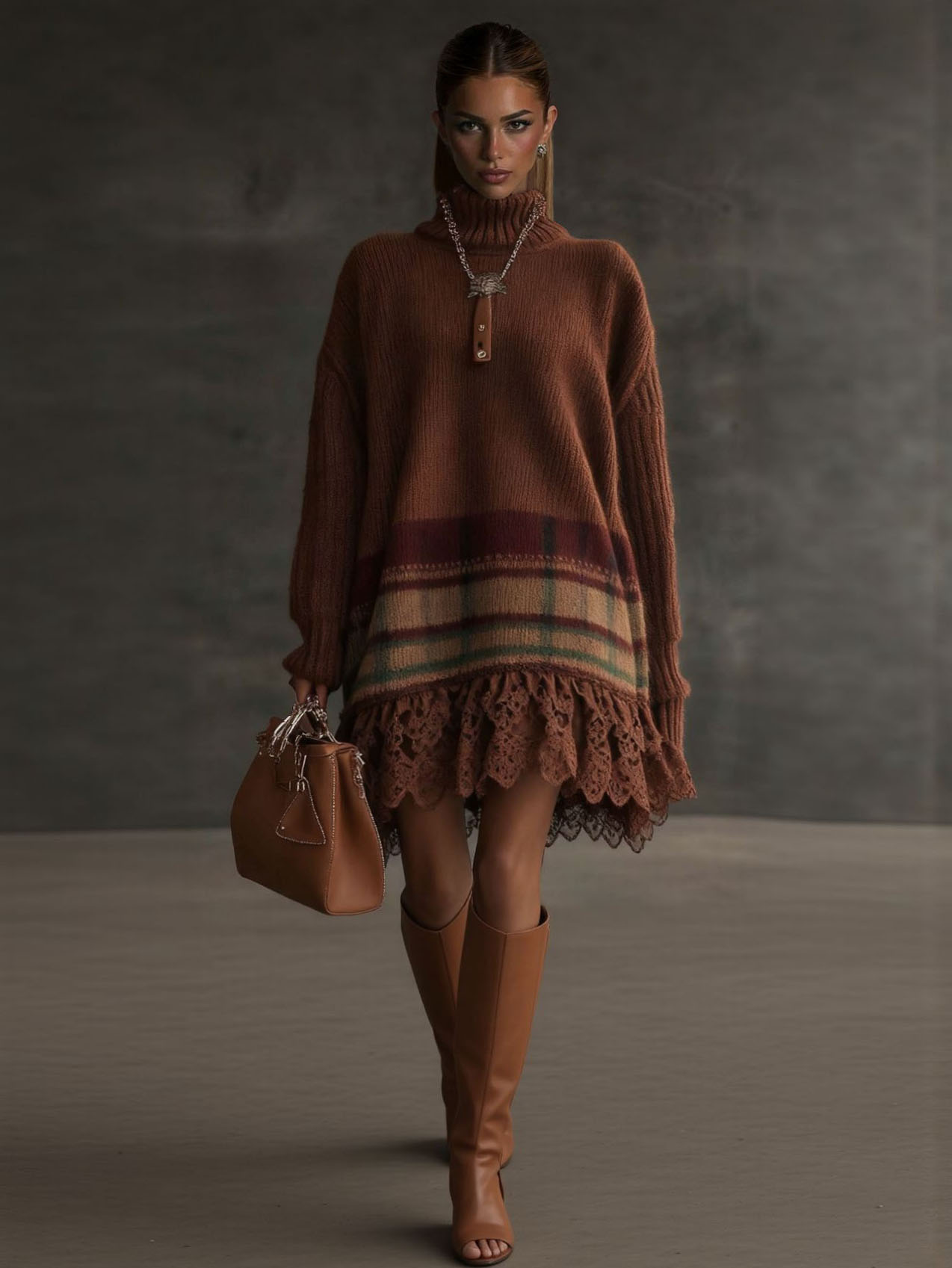 Elegant High-neck Plaid Sweater Dress