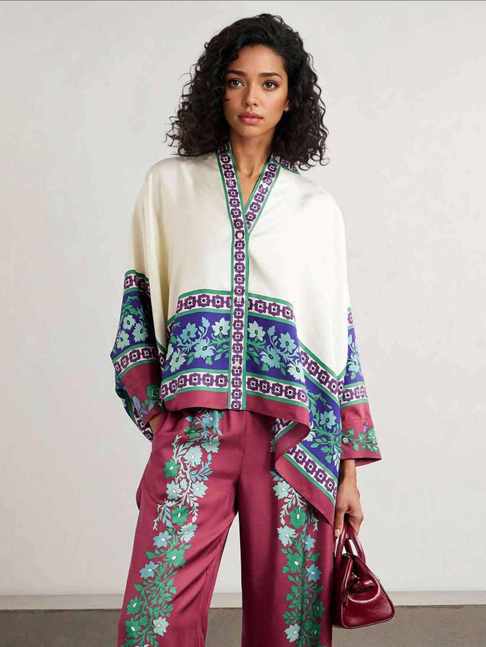 Exquisite Retro Satin Print Wide-Leg Pants