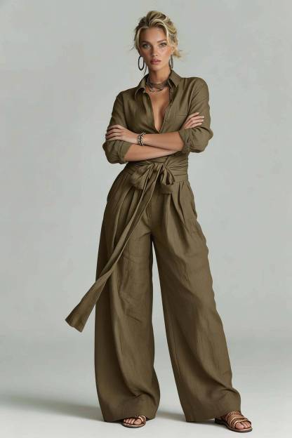 Minimalist Shirt And Lace-Up Wide-Leg Pants Set
