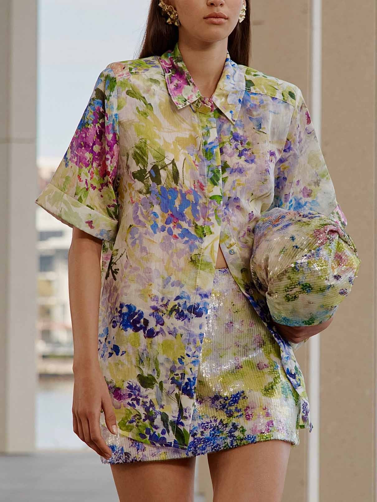 Elegant Floral Print Sequin Top & Skirt Two-Piece Set