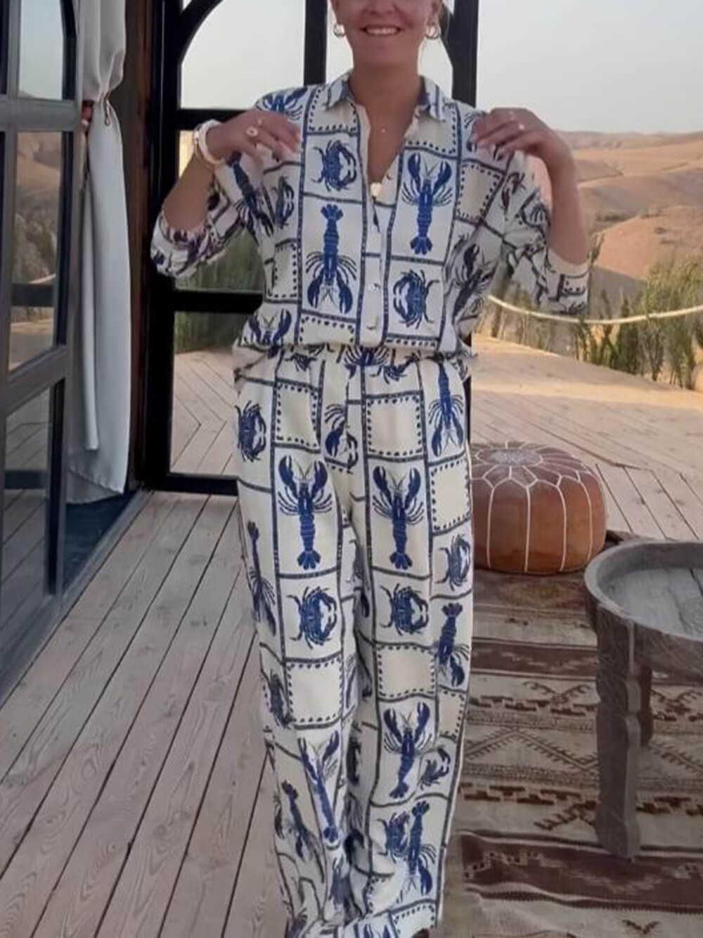 Unique Fun Lobster Pattern Printed Elastic Wide-Leg Pants