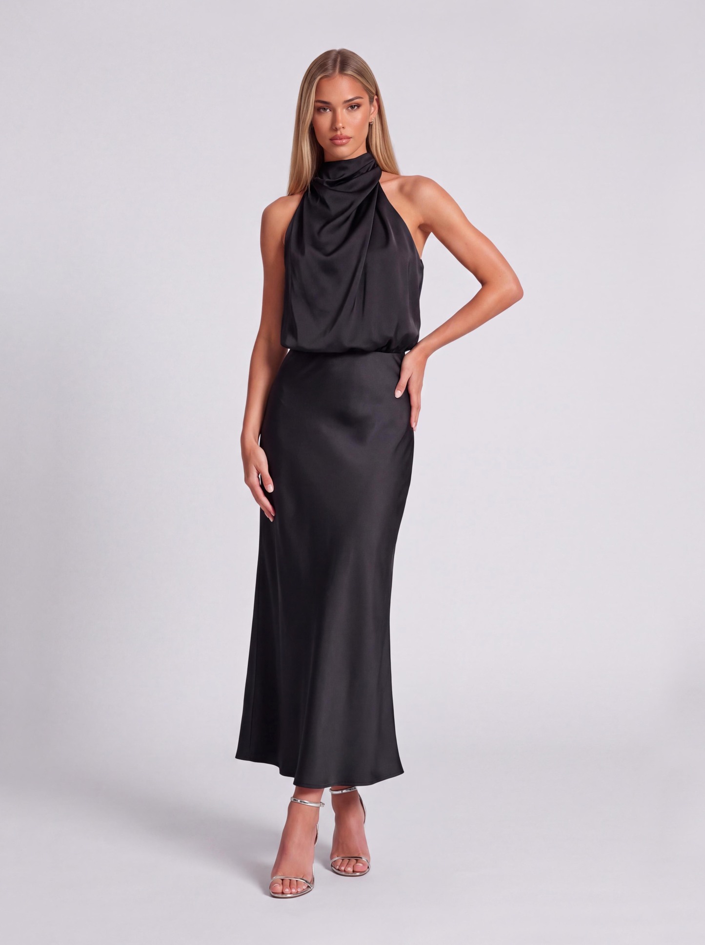 Slim-Fit Fishtail Mid-Length Neck Satin Dress
