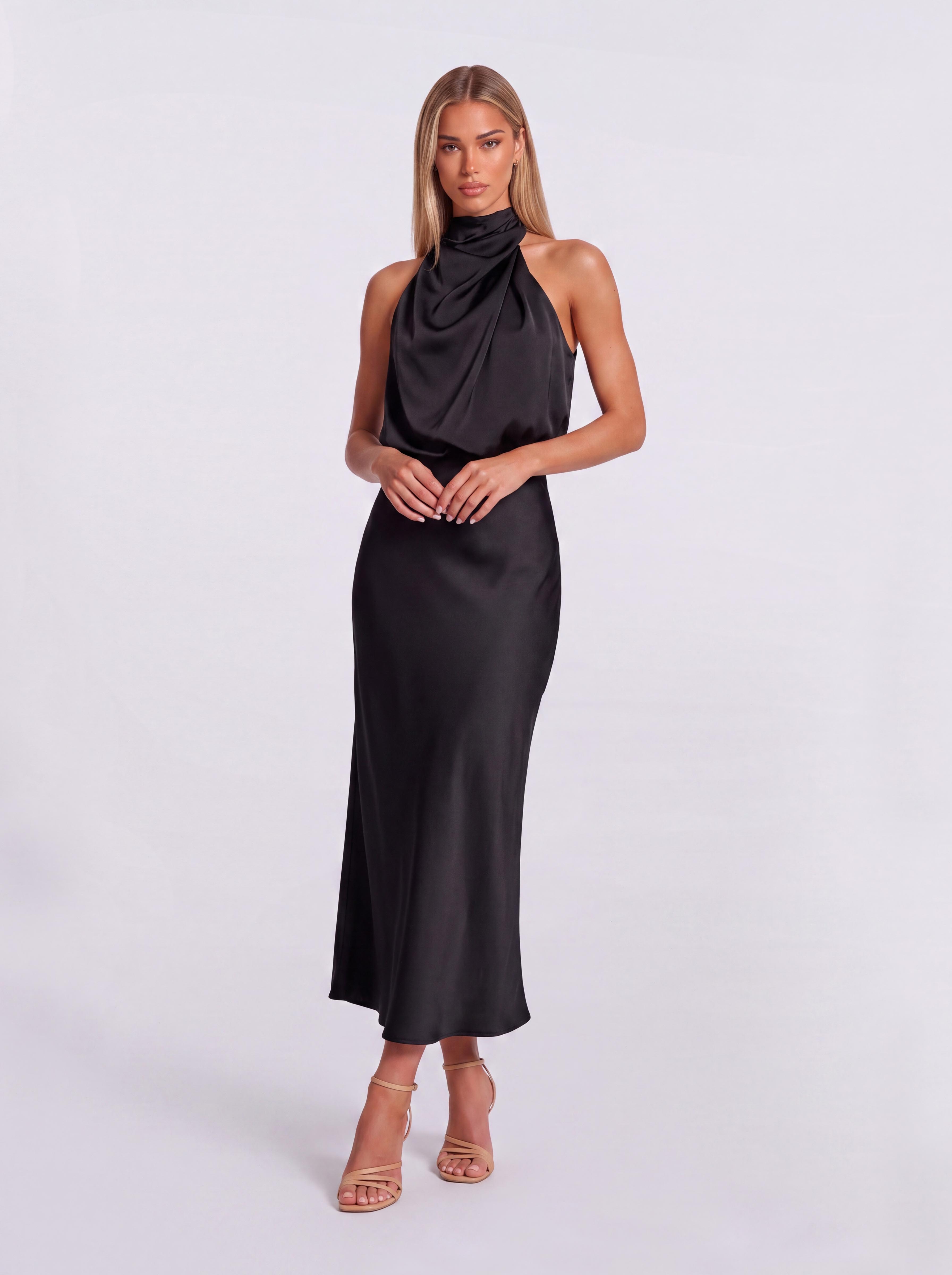 Slim-Fit Fishtail Mid-Length Neck Satin Dress