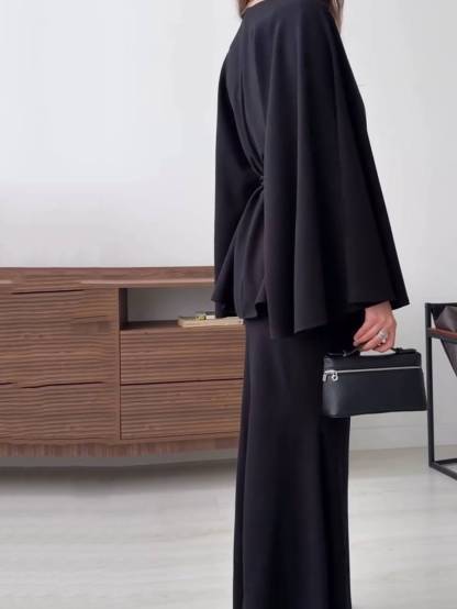 Lace-Up Long Sleeve Top And Skirt Set