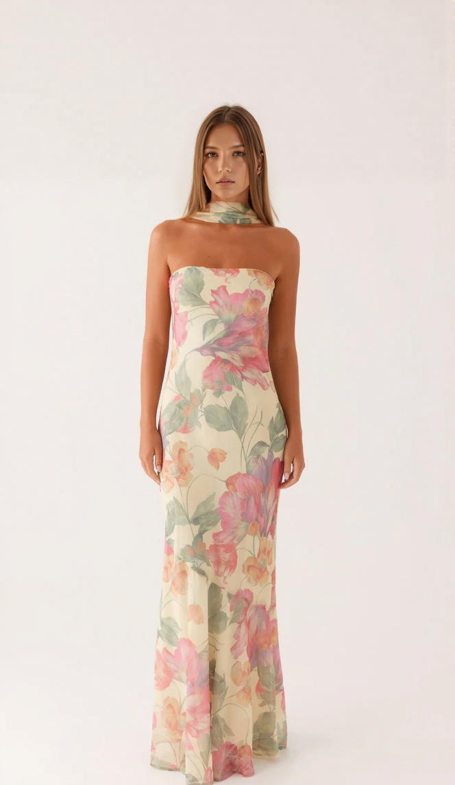 Tube Top Printed Ribbon Dress