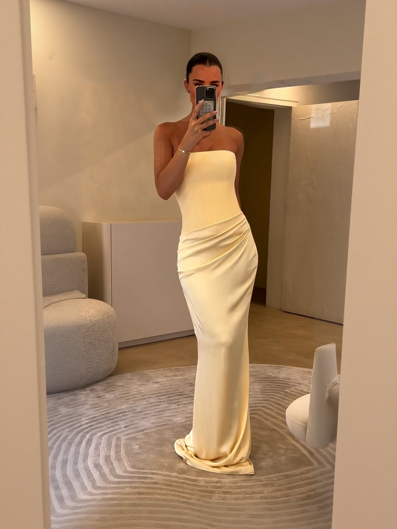 Elegant Strapless Draped Satin Maxi Dress