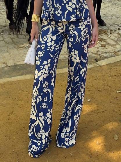 Printed Lace-Up Vest And Pants Suit-Pants