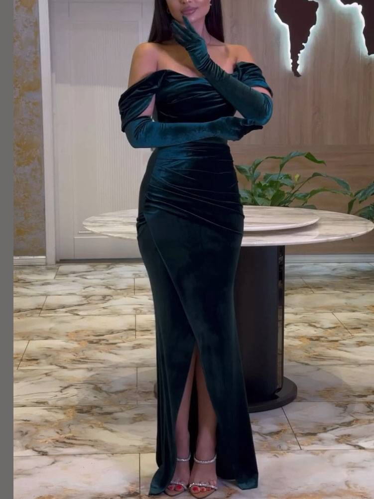 Velvet Off-Shoulder Pleated Slit Maxi Dress