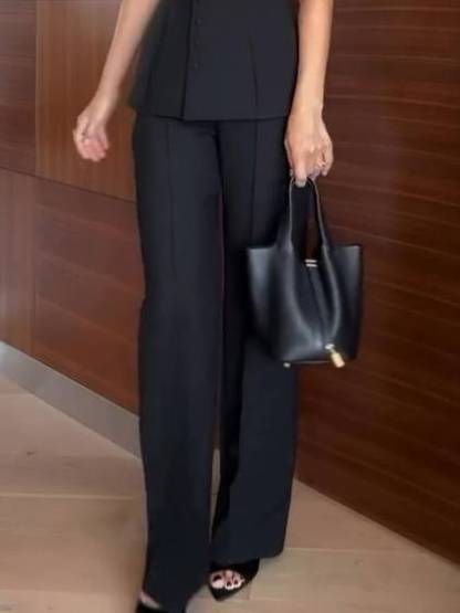 Minimalist Off-shoulder Top And Wide Leg Pants Suit-Pants
