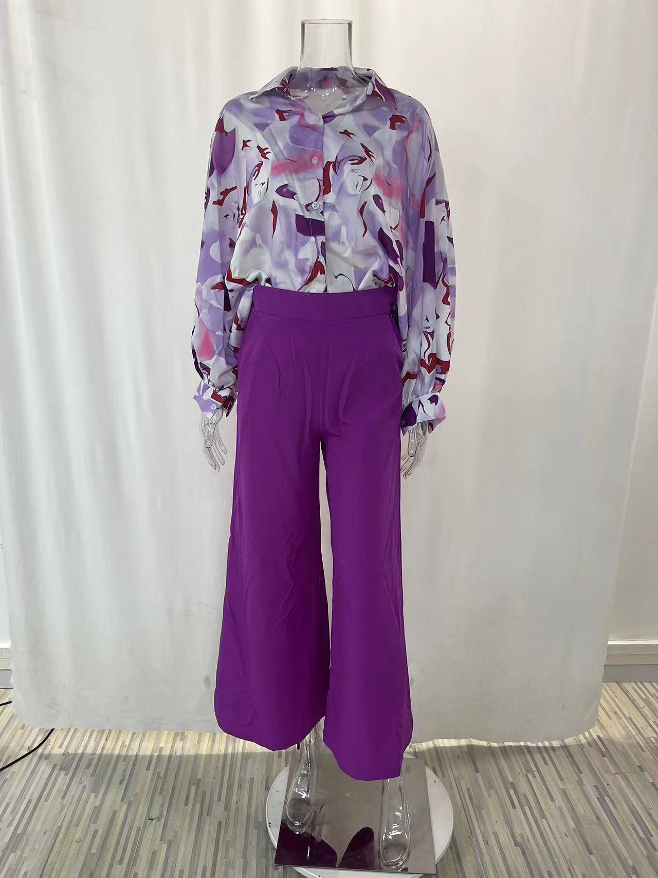 Printed Shirt Wide Leg Pants Suit