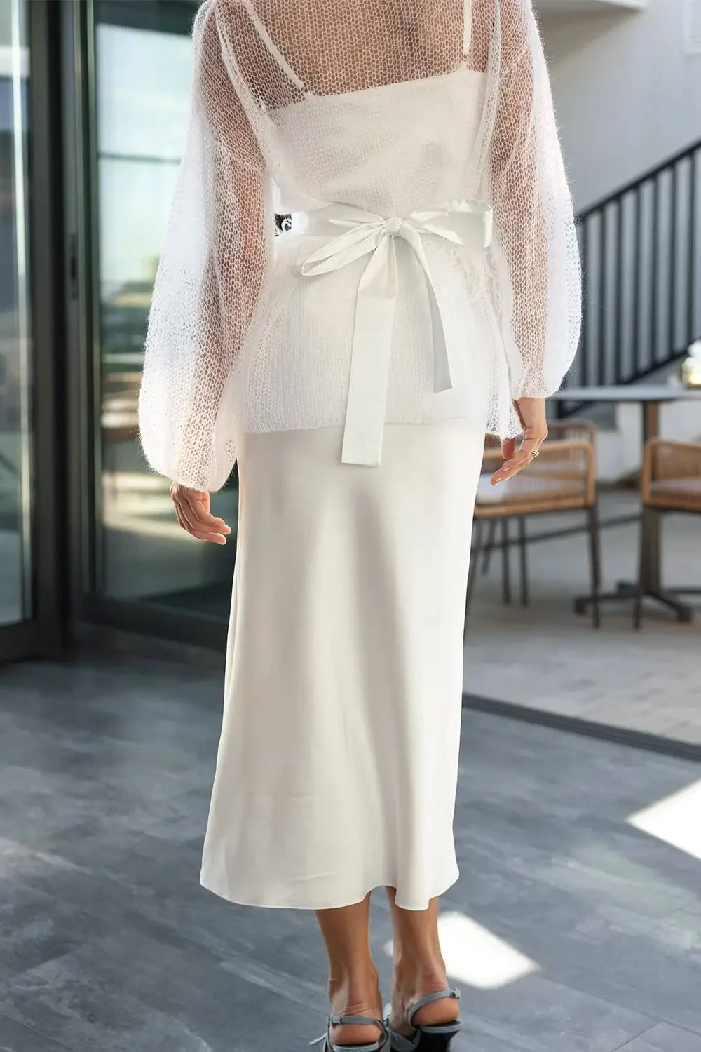 Champagne Open Knit Sweater and Satin Midi Skirt Two Piece Set with Feather Belt