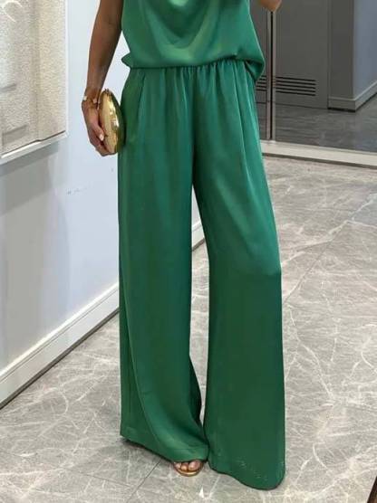 Elegant Halter Neck Swing Collar Top And Wide Leg Pants Suit-Pants