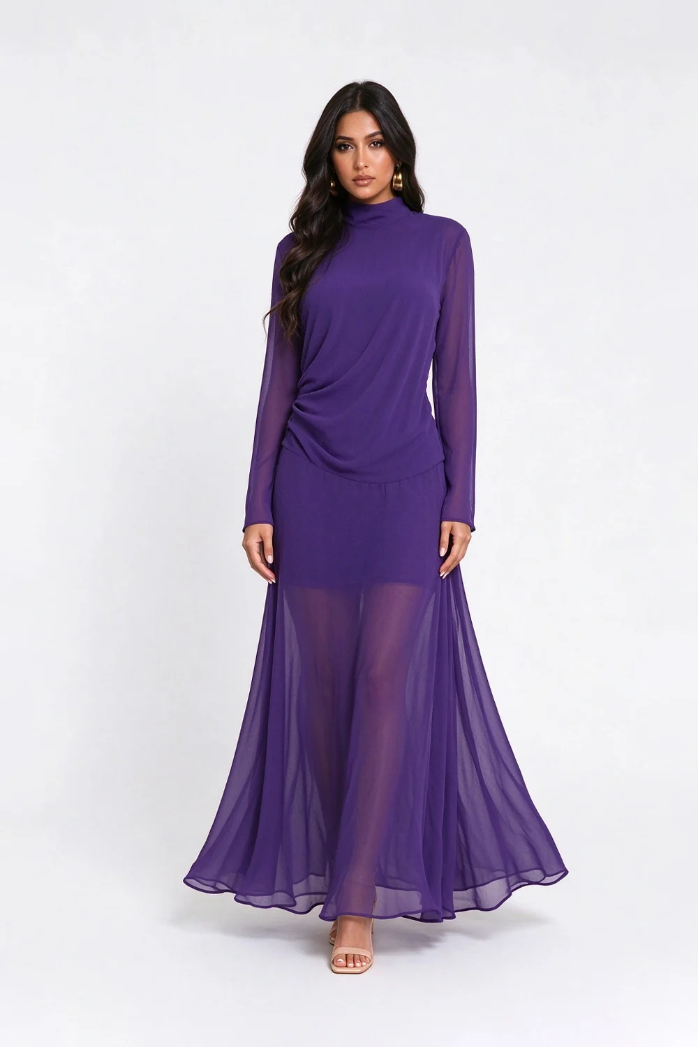 Purple High Neck Long Sleeve Sheer Chiffon Maxi Dress [erp-image:852971b5b307af365ed8d12f]