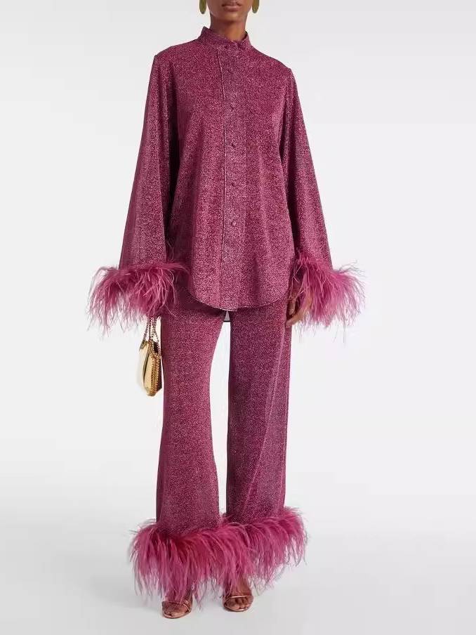 Feather Stand Collar Shirt Wide-leg Pants Suit