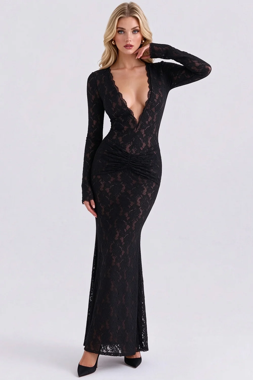 Black Lace Deep Plunge V-Neck Long Sleeve Ruched Bodycon Maxi Evening Dress [erp-image:891de04e99cb852c9a2f7607]